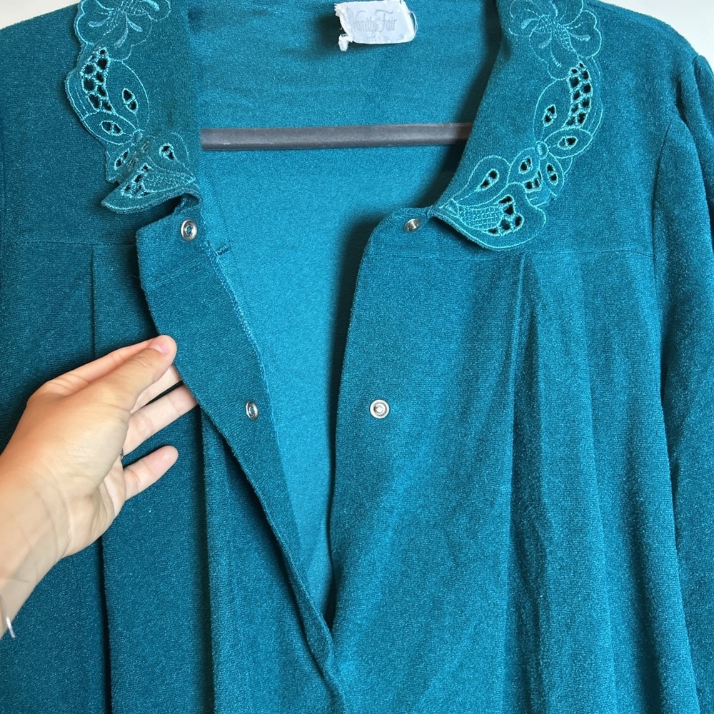 Vintage Vanity Fair Medium Green Lounger House Coat Robe Velour Collar 3/4 Snap - Picture 8 of 11